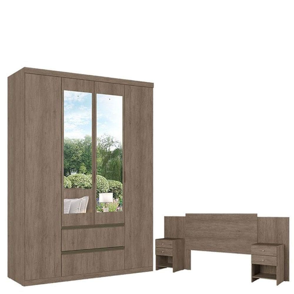 Guarda Roupa Solteiro Nobre Glass4 Portas Rustic Acetinado ECabeceira Com Mesas De Cabeceira Formosa Rustic - Thb