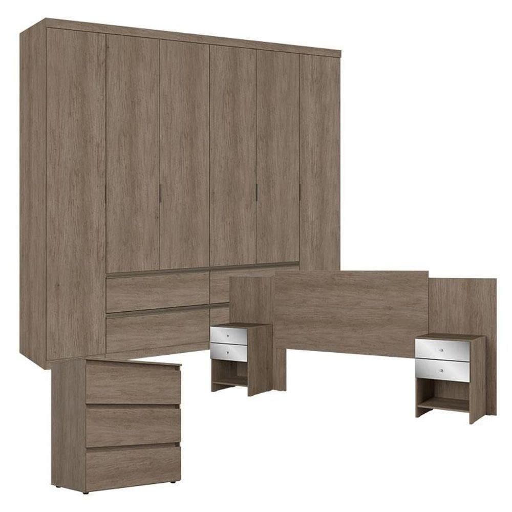 Guarda Roupa Casal Nobre 6 Portas Com Cômoda Gaveteiro Condessa E Cabeceira Formosa Glass Rustic Acetinado - Thb