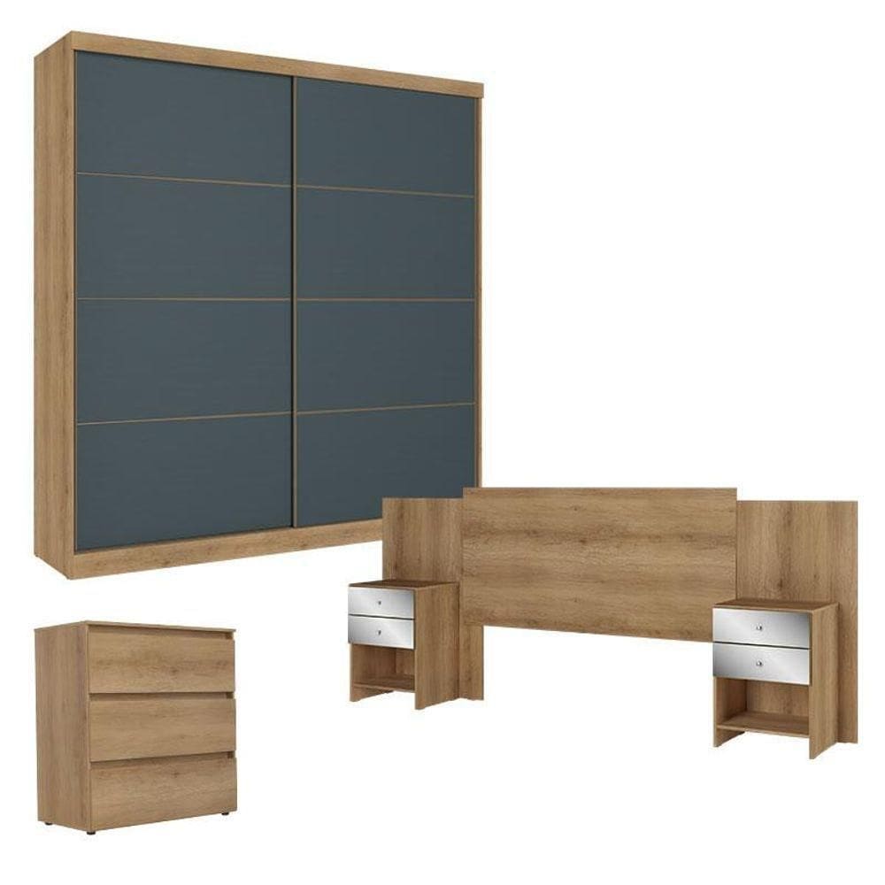 Guarda Roupa Casal Malaga2Portas Capuccino Azul ComCômoda Gaveteiro CondessaE Cabeceira Formosa Glass Capuccino- Thb