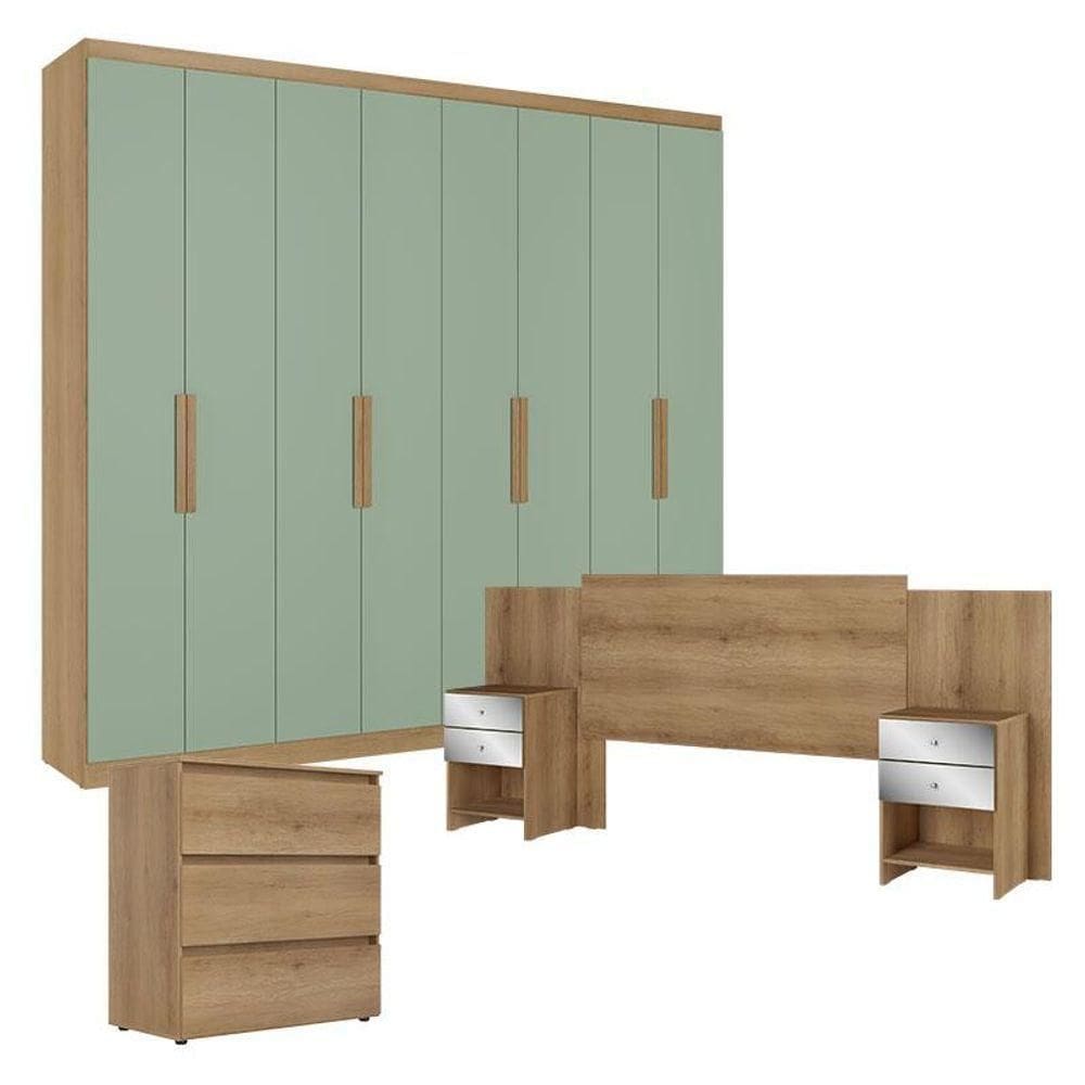 Guarda Roupa Casal Milan 8 Portas Capuccino Menta ComCômoda Gaveteiro CondessaE Cabeceira Formosa Glass Capuccino- Thb