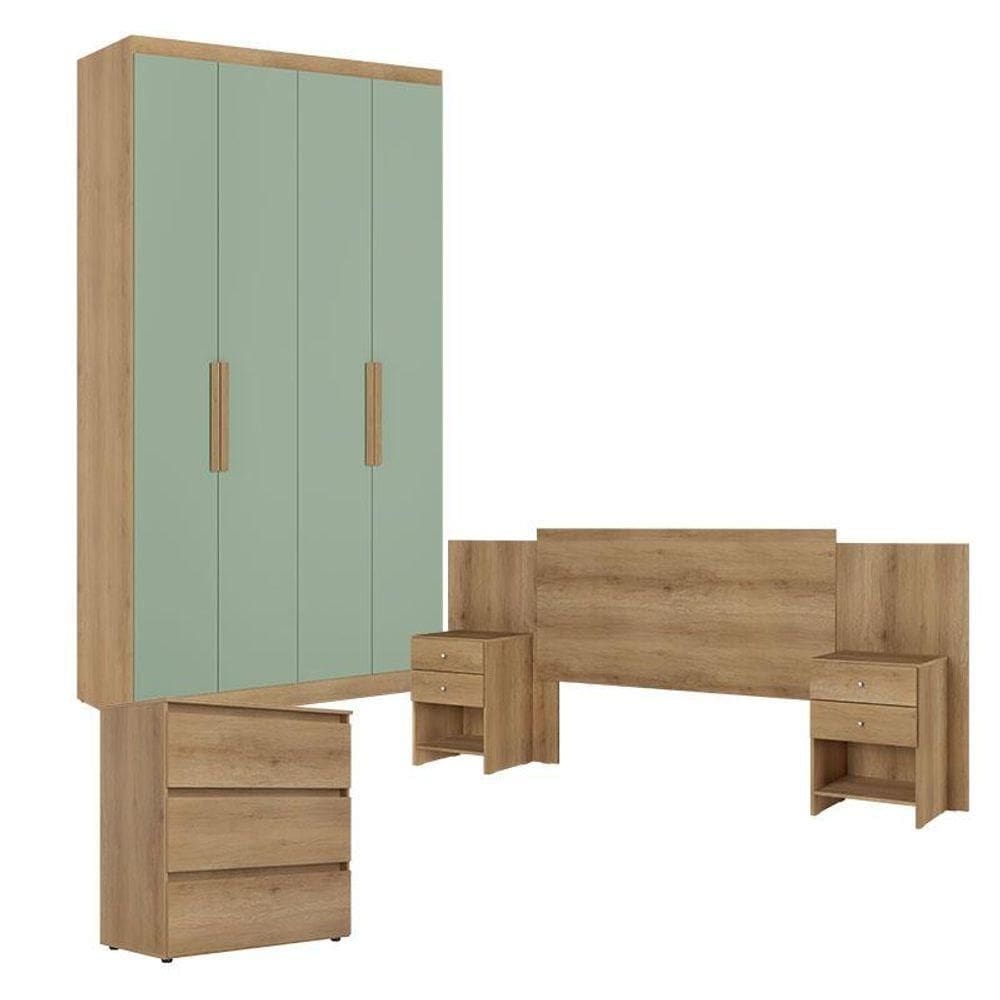 Guarda Roupa Solteiro Milan 4 Portas Capuccino Menta ComCômoda Gaveteiro Condessa E Cabeceira Formosa Capuccino- Thb