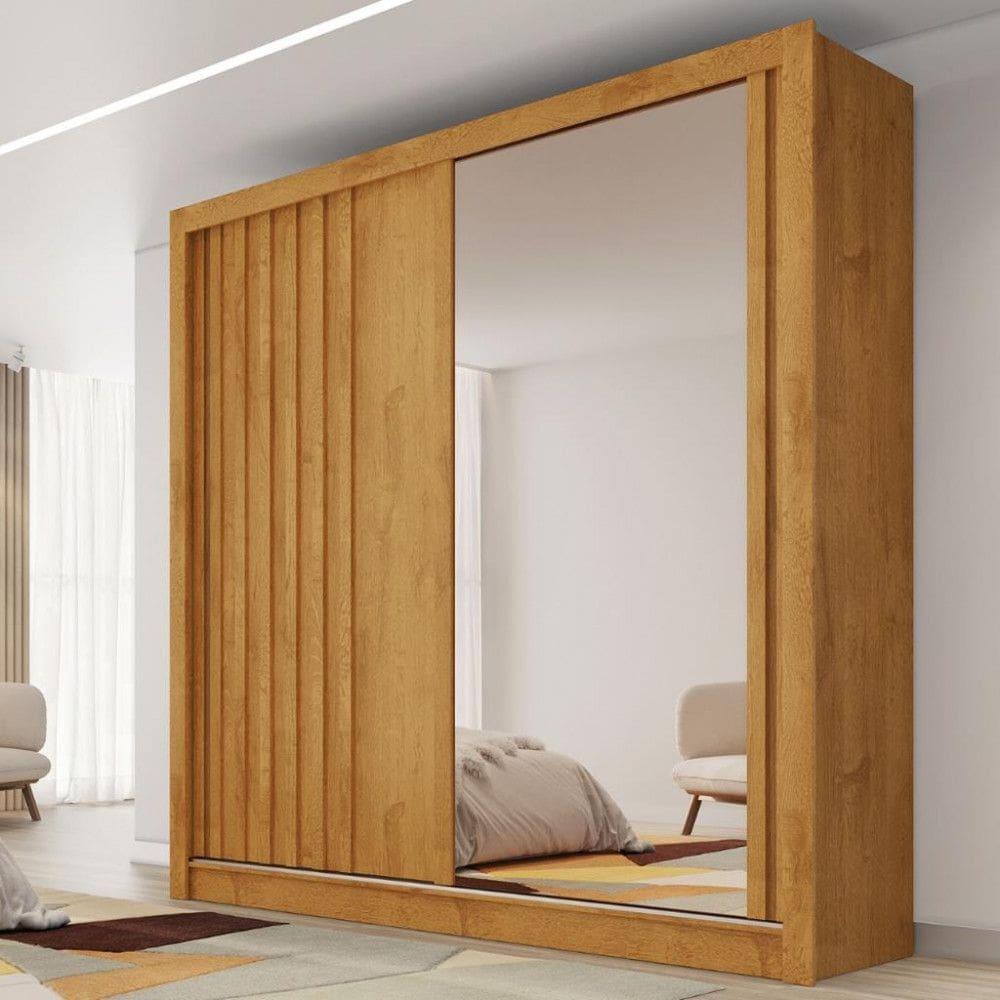 Guarda Roupa Casal Ripado com Espelho 2 Portas de Correr 100 MDF Lugano Made Marcs
