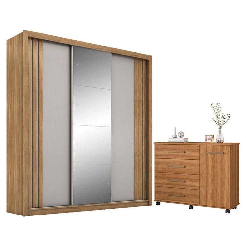 Cômoda Flora E Guarda Roupa Casal Moema Amêndola Nude Com Espelho - Demóbile