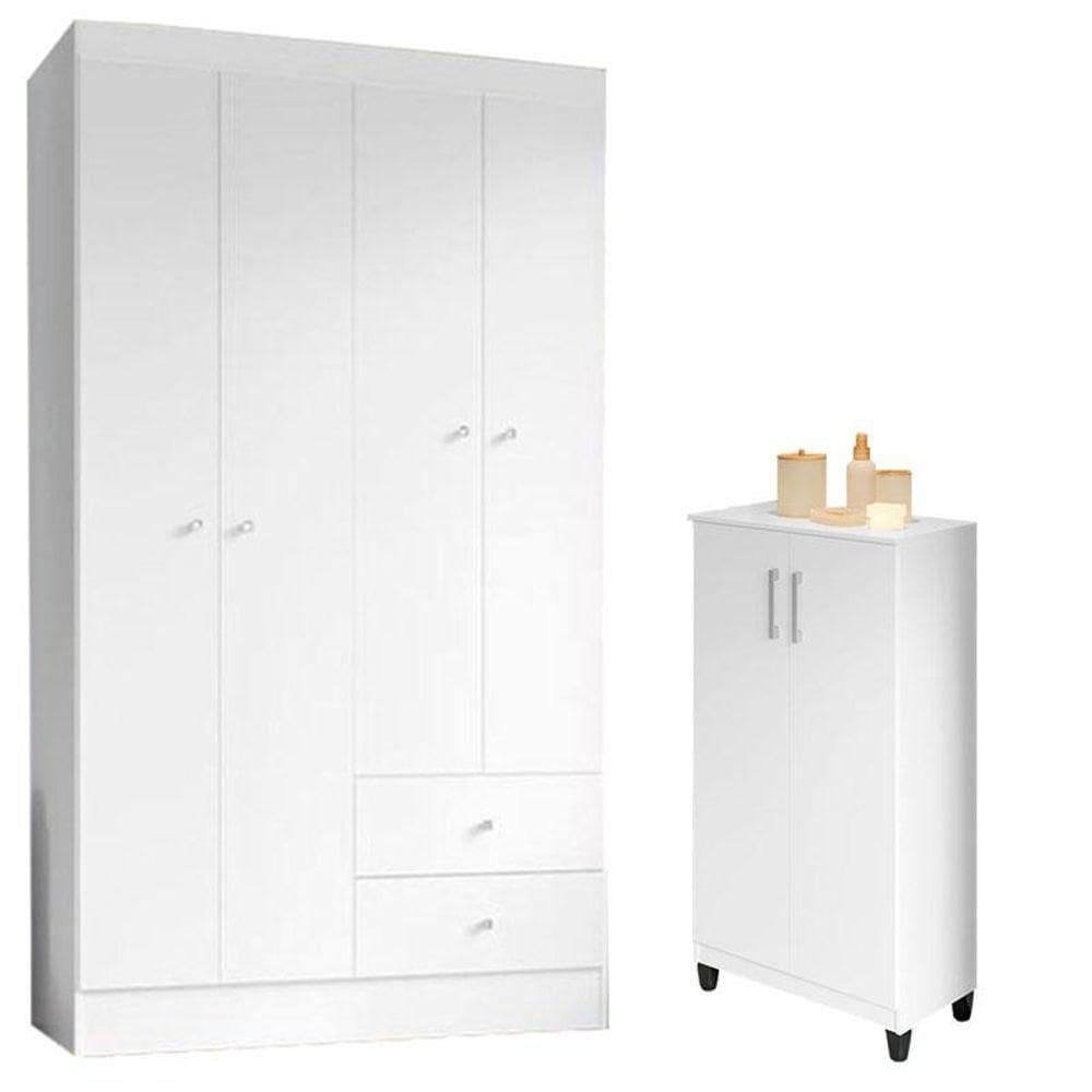 Guarda Roupa Solteiro Versa 4 Portas Branco Rosa Fosco Com Armário Multiuso Brisa Branco Fosco - Kits Paraná