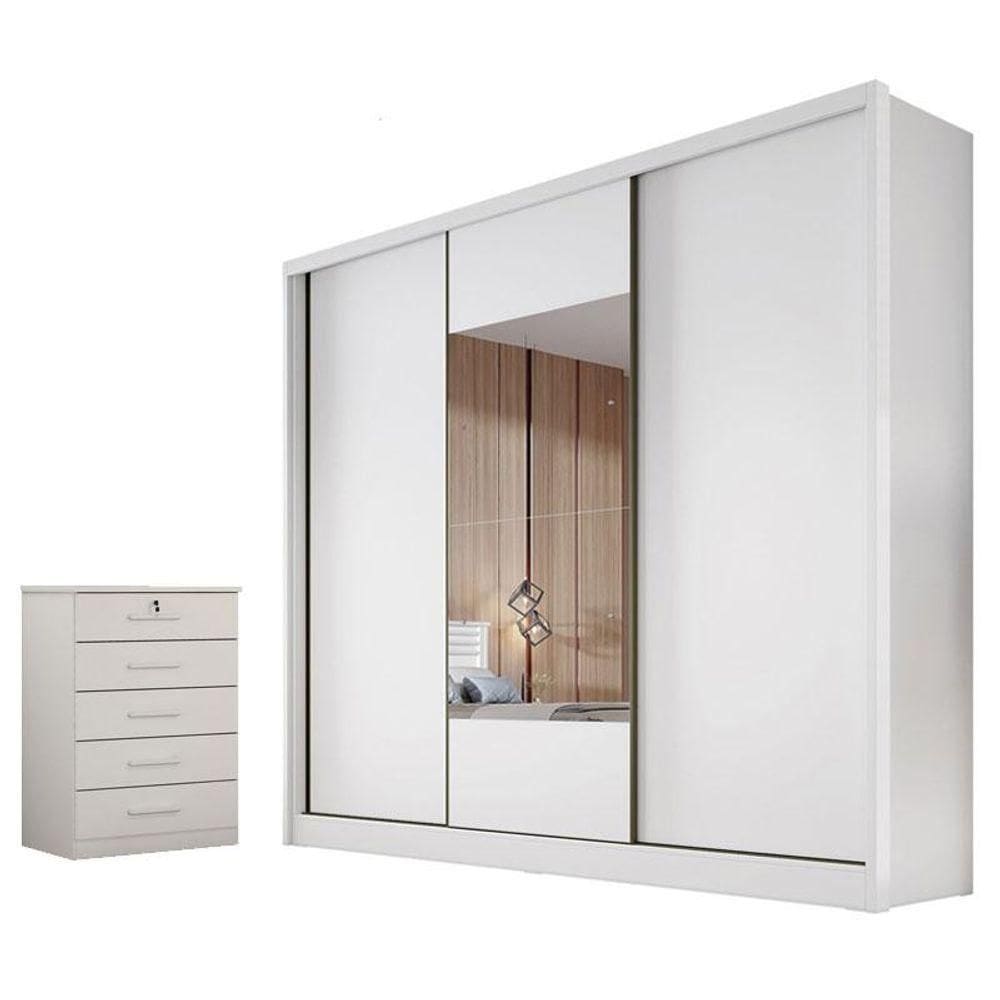 Guarda Roupa Casal Medelim Com Espelho E Gaveteiro Suiça Neve - Horizonte