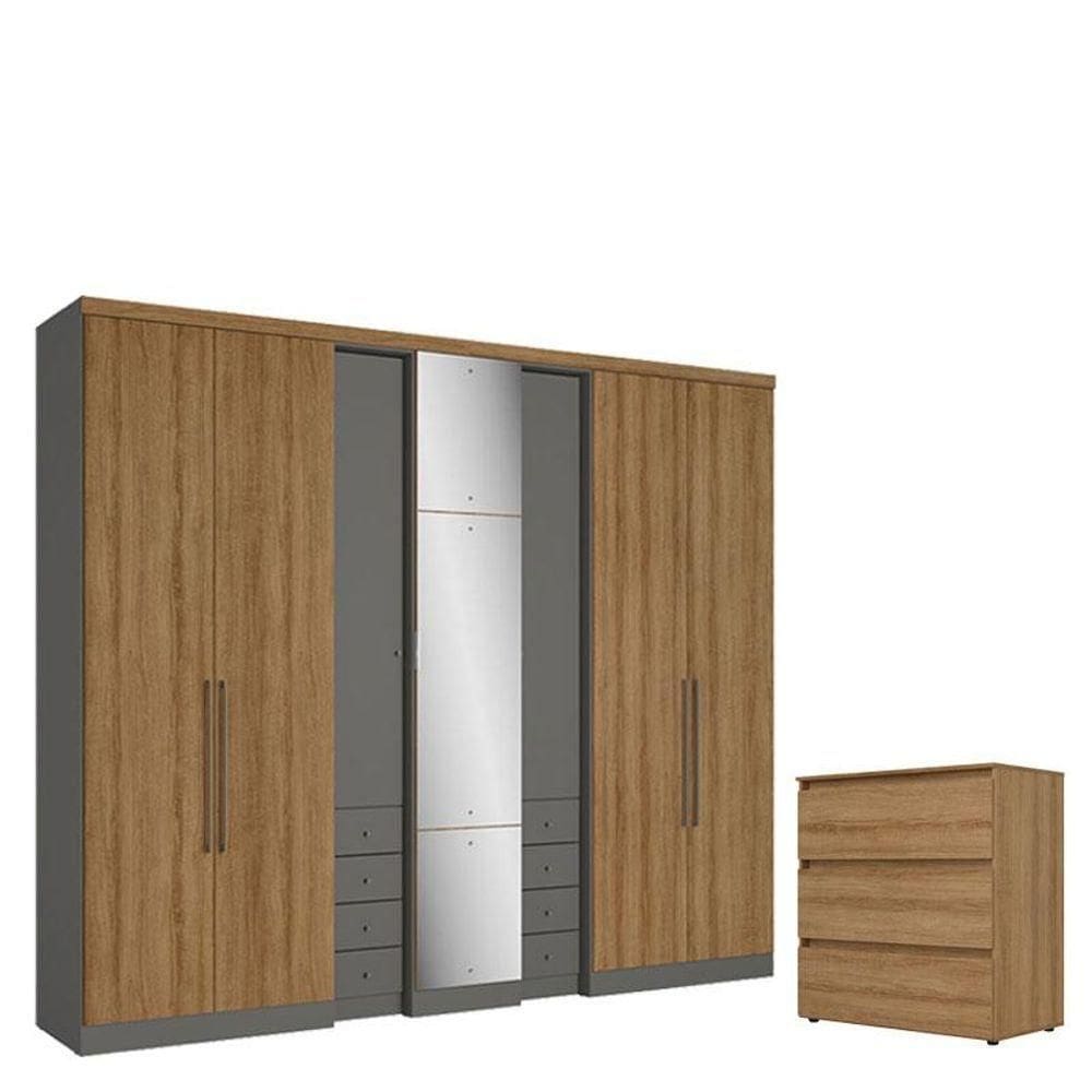 Guarda Roupa Casal Absolut Glass 7Portas Grafite Almendra Cômoda Gaveteiro Condessa Acetinado Thb