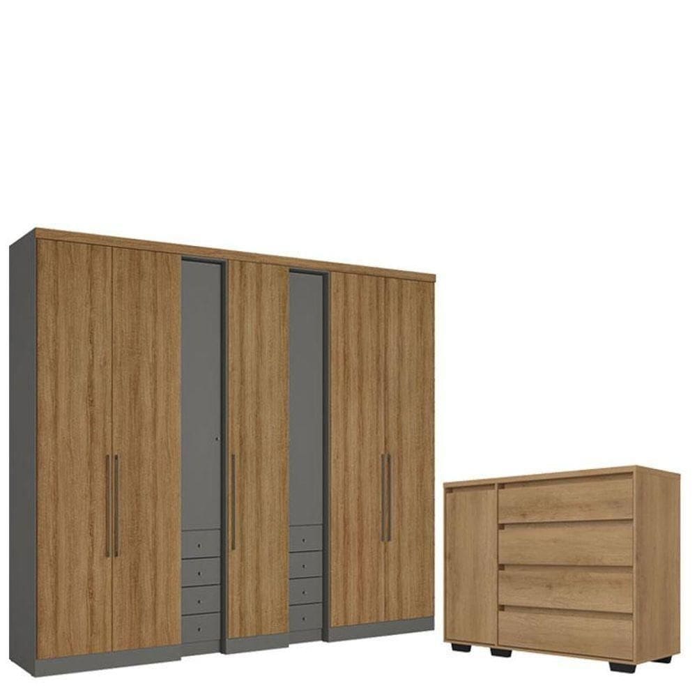 Guarda Roupa Casal Absolut Plus 7Portas Grafite Almendra Cômoda Porta Aurora Capuccino Acetinado Thb