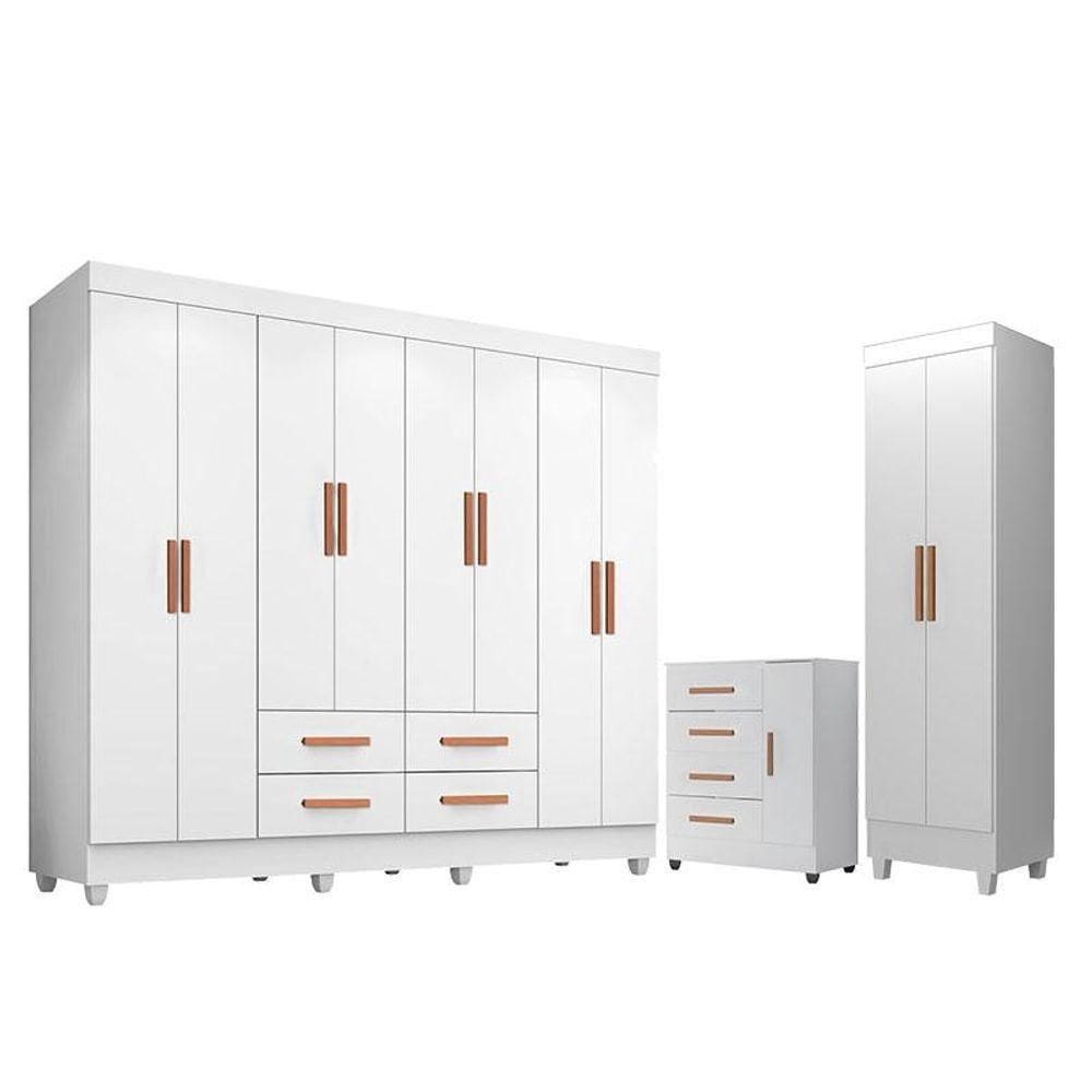 Guarda Roupa Casal Porto 8 Portas Cômoda 4 Gavetas 1 Porta Armário Multiuso Lite Branco Brilho Leão