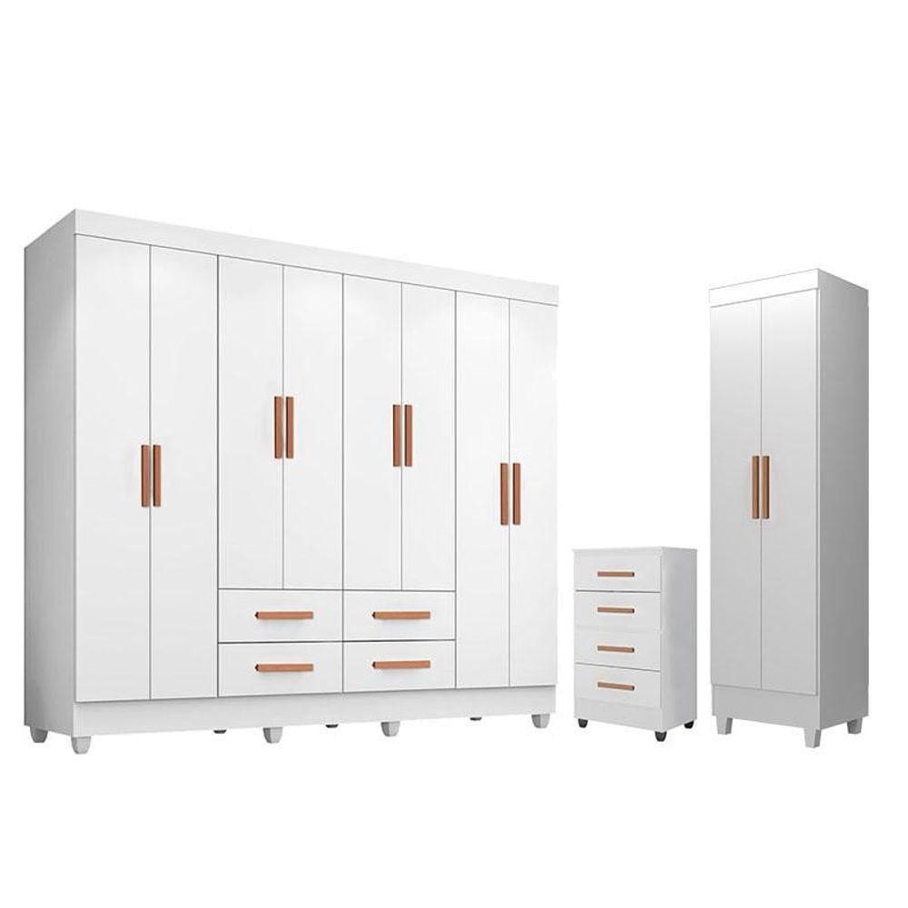 Guarda Roupa Casal Porto 8 Portas Com Cômoda 4 Gavetas E Armário Multiuso Lite Branco Brilho - Leão