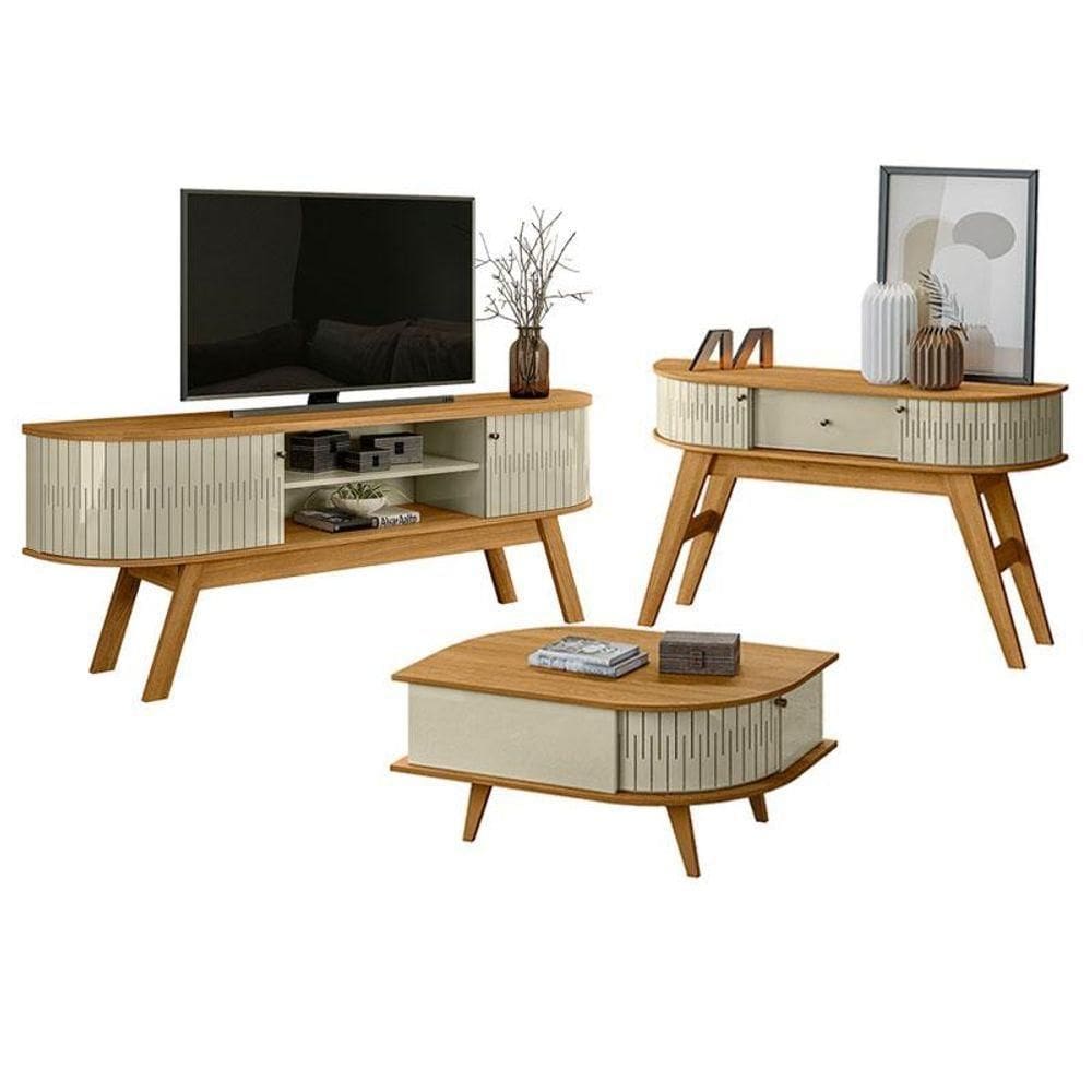 Rack Bancada Valência E Aparador Estoril Com Mesa De Centro Indianápolis Cumaru Opala - Madetec