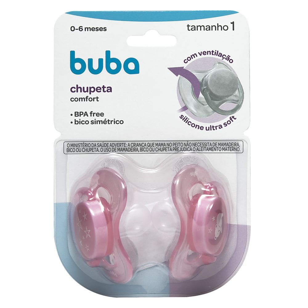 Kit 2 Chupeta Comfort Buba Tamanho 1 Ursinho/Estrela Rosa