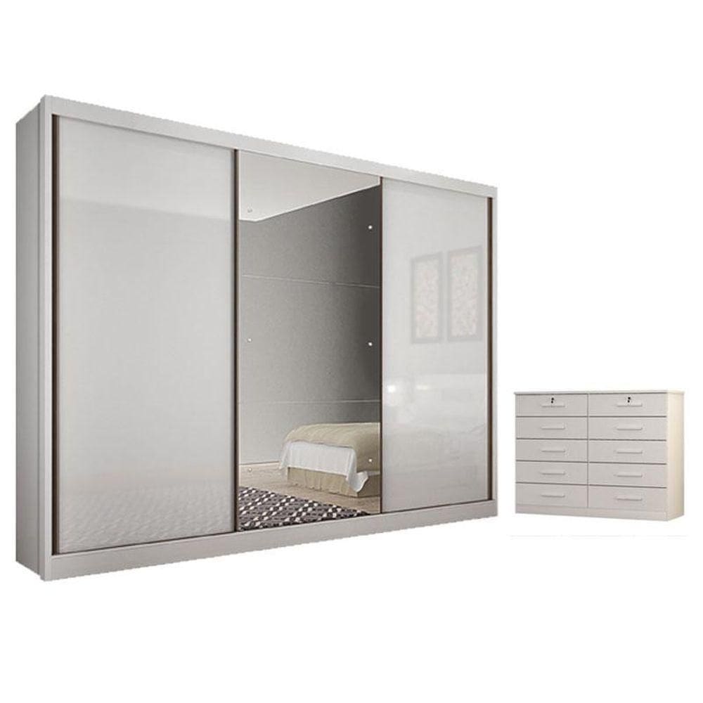 Guarda Roupa Casal Duna Com Espelho E Gaveteiro Milão Com Chave Neve - Horizonte