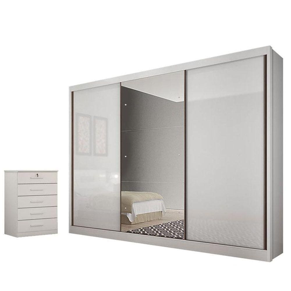 Guarda Roupa Casal Sonetto Com Espelho E Gaveteiro Suiça Neve - Horizonte