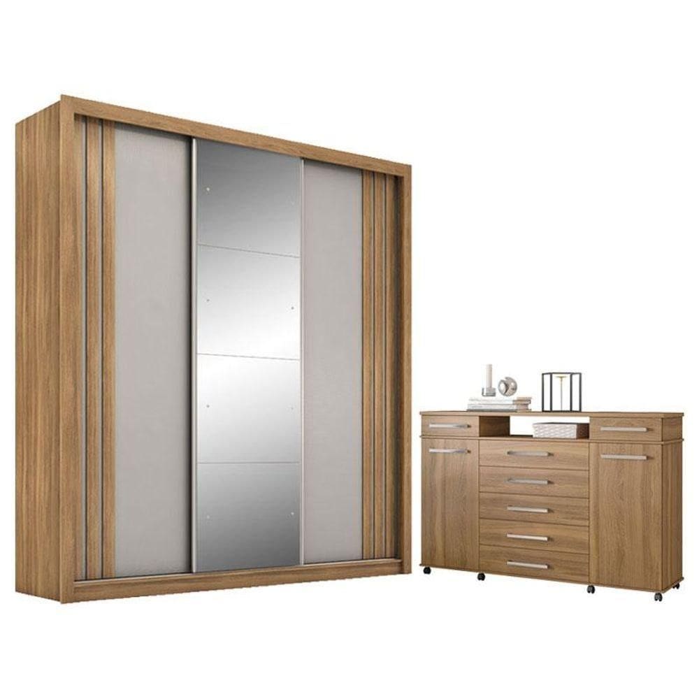 Cômoda London E Guarda Roupa Casal Moema Amêndola Nude Com Espelho - Demóbile