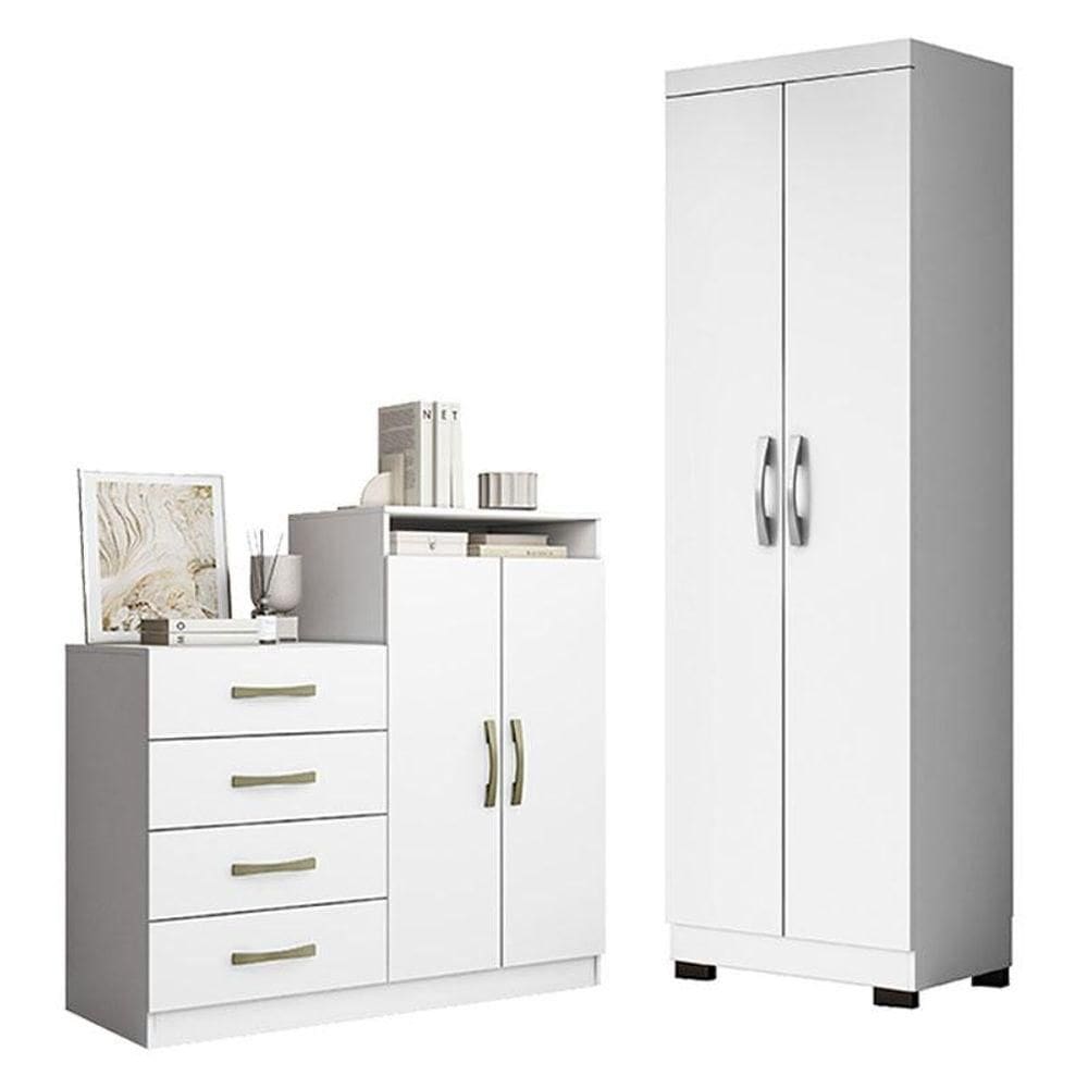 Cômoda Sapateira Londres 2004142 E Armário Multiuso New 2000192 Branco Tx Com Pés Preto - Aramóveis