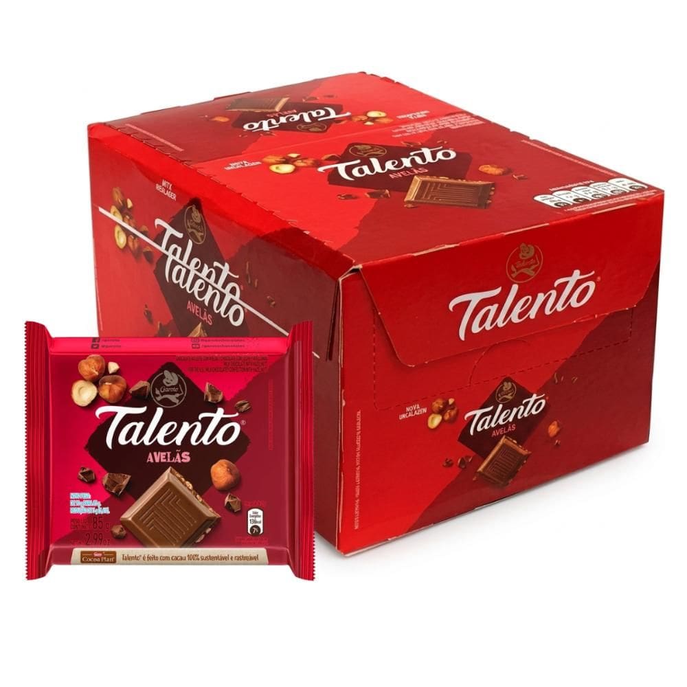 Caixa 12 Tablete Chocolate Talento Ao Leite Com Avelã 85g Garoto Nestlé
