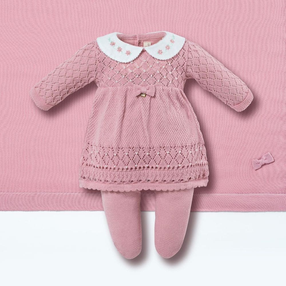 Saída de Maternidade Bebê Menina Tricot Rosa Vestido - Hug
