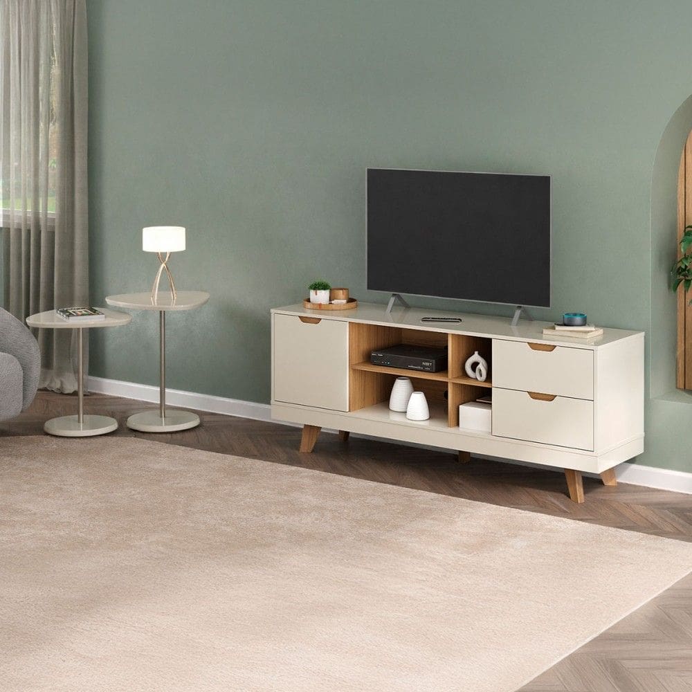 Sala Completa para TV Até 60” Isa 1 Porta 2 Gavetas com 2 Mesas de Apoio Off White/Carvalho - Pnr Móveis