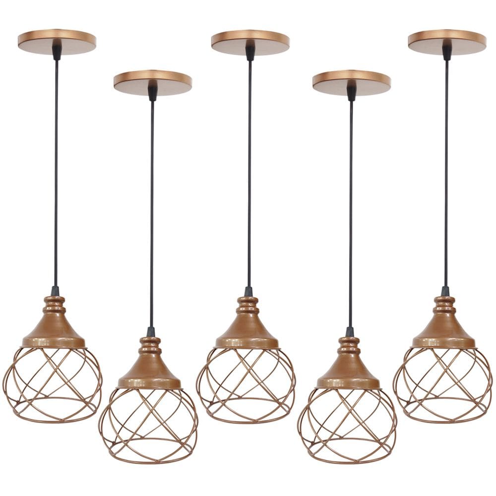 5 Pendentes Aramado  Cobre Rose Gold Lustre Luminária Teto Regulável Sala Cozinha