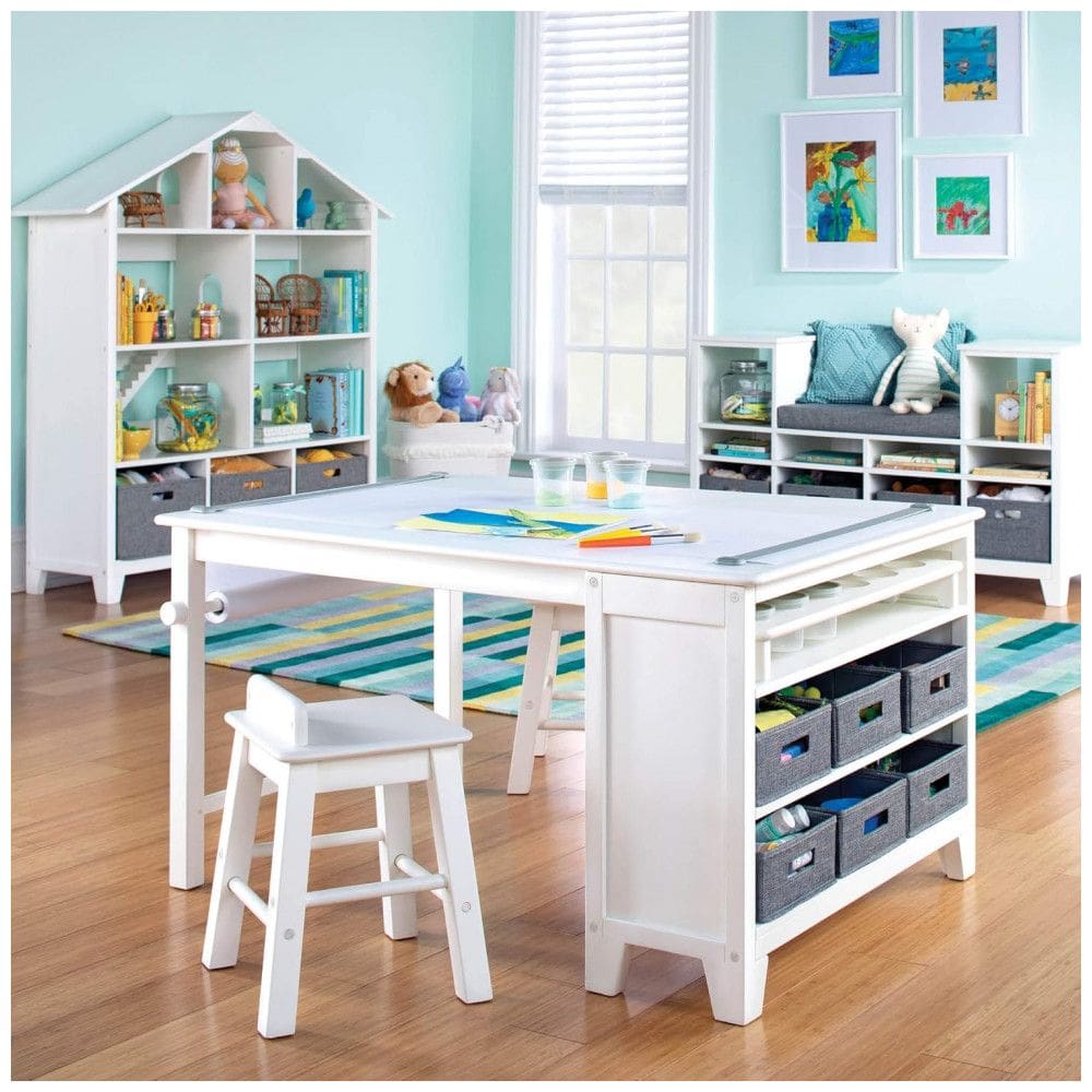 Martha Stewart Kids Guidecraft Mesa e Cadeira para Artes e Artesanato - Madeira Branca Linho com Armazenamento e Suprimentos