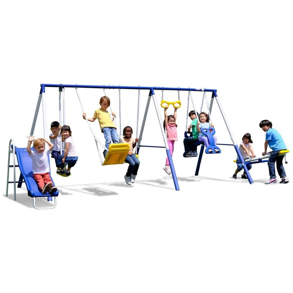 Conjunto de Balanços Metálico Sportspower Super 9 Azul/Amarelo, 9 Estações com Escorregador 1,52 m, Capacidade 454 kg