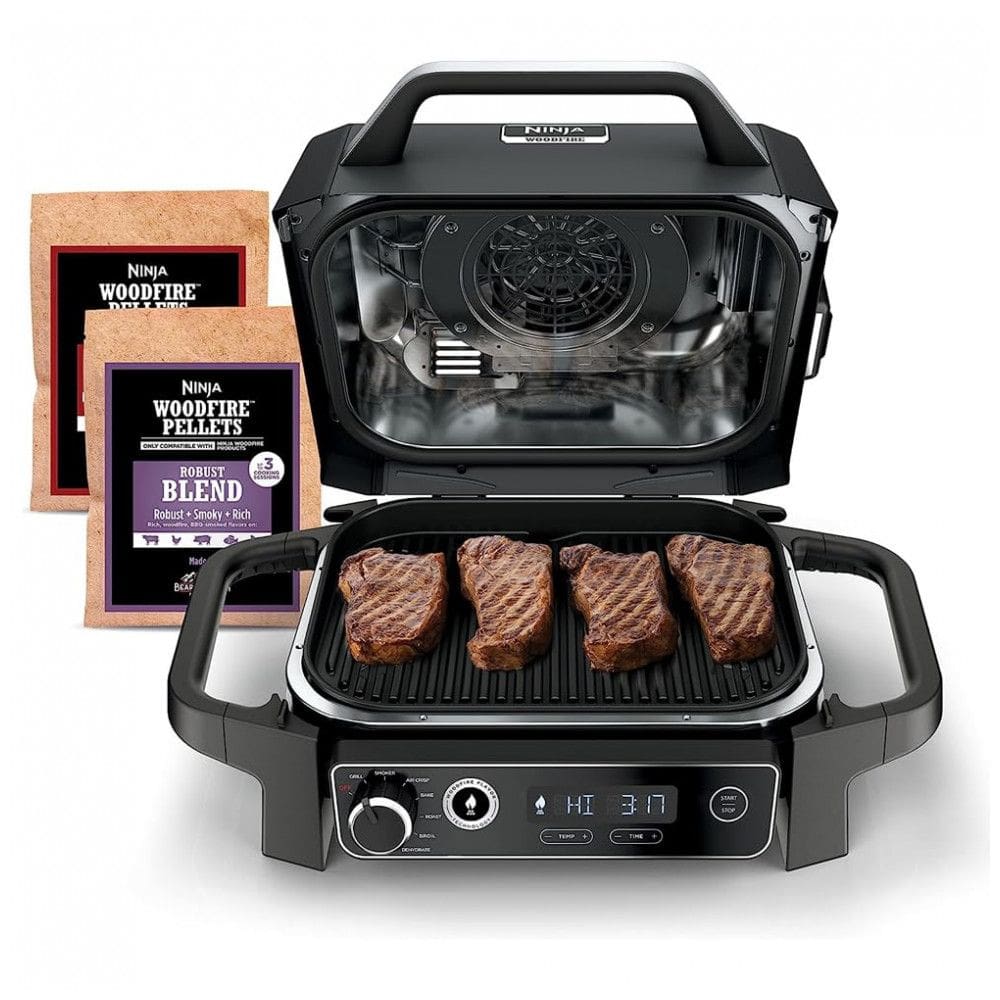 Ninja OG701 Churrasqueira Woodfire 7 em 1 - Air Fryer, Assar, Grelhar e Defumar com Pellets de Madeira, Portátil e Elétrica, Cinza