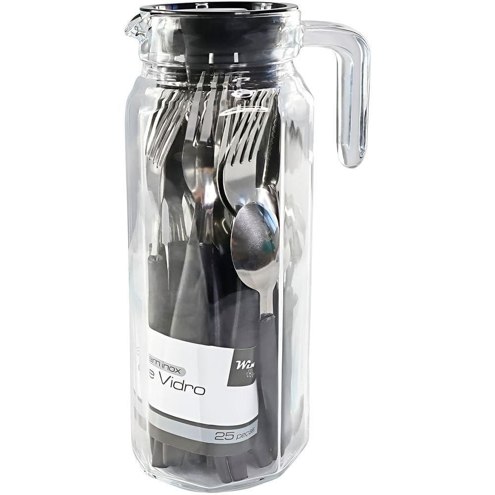 Conjunto Jarra Talheres 25 Peças - Kit De Talheres Com Aço Inox Preto Elegância E Modernidade à Sua Mesa