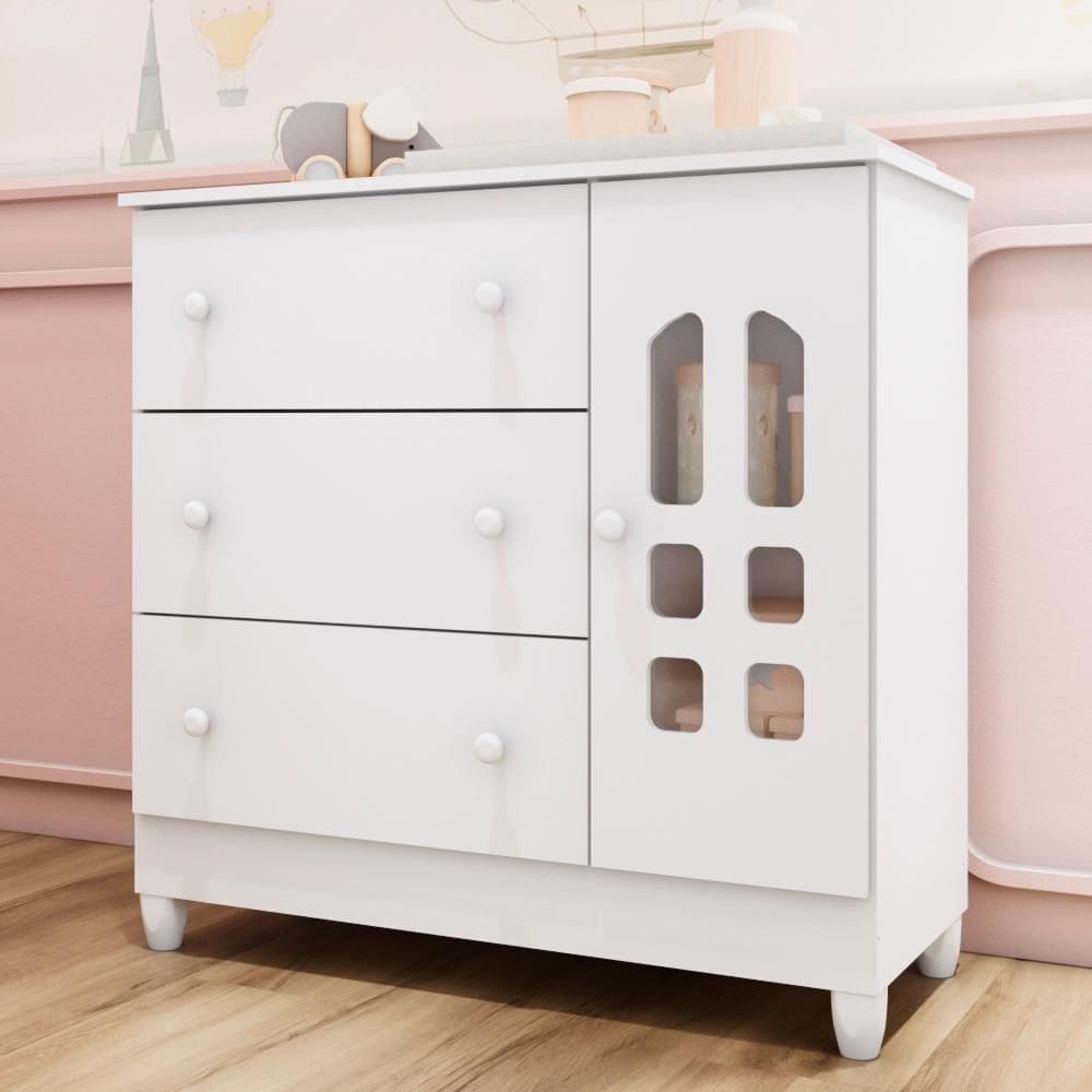 Cômoda Infantil 3 gavetas com Porta Fraldário Eloá 100% MDF Branca Carolina Baby