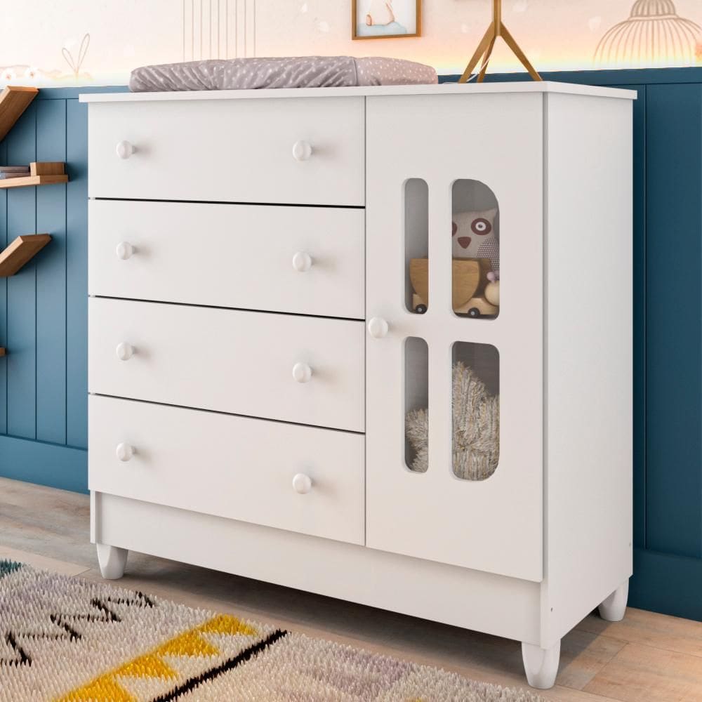 Cômoda Infantil 4 Gavetas com Porta Fraldário Gabrielle 100% MDF Branco Carolina Baby