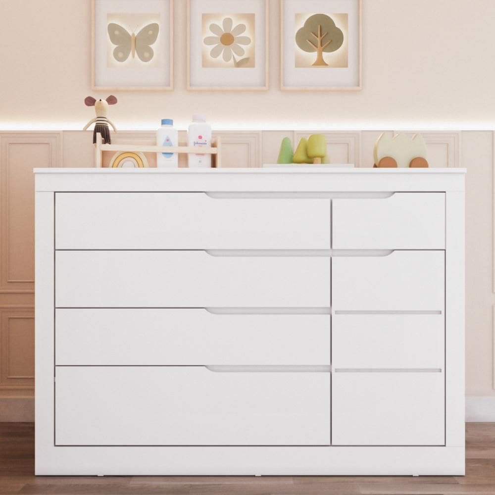 Cômoda Infantil Grande 5 Gavetas 1 Porta Fraldario Cléo 100% MDF Branco Carolina Baby