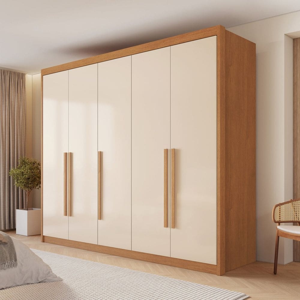 Guarda Roupa Casal Bari 5 Portas 8 Gavetas 100% Mdf Cinamomo/Off White