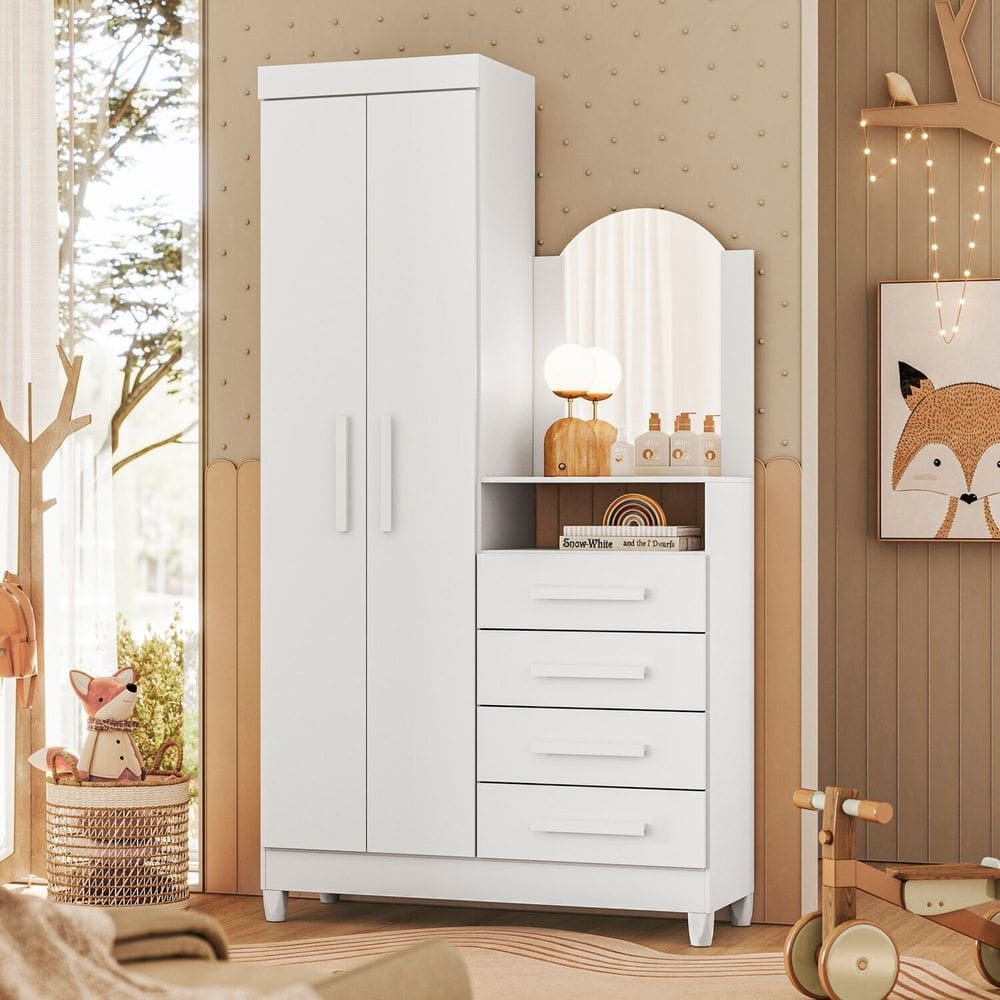 Guarda Roupa Cômoda 04 Gavetas e 02 Portas Infantil Amora Quadriflex: Branco, Rosa, Azul e Titanium