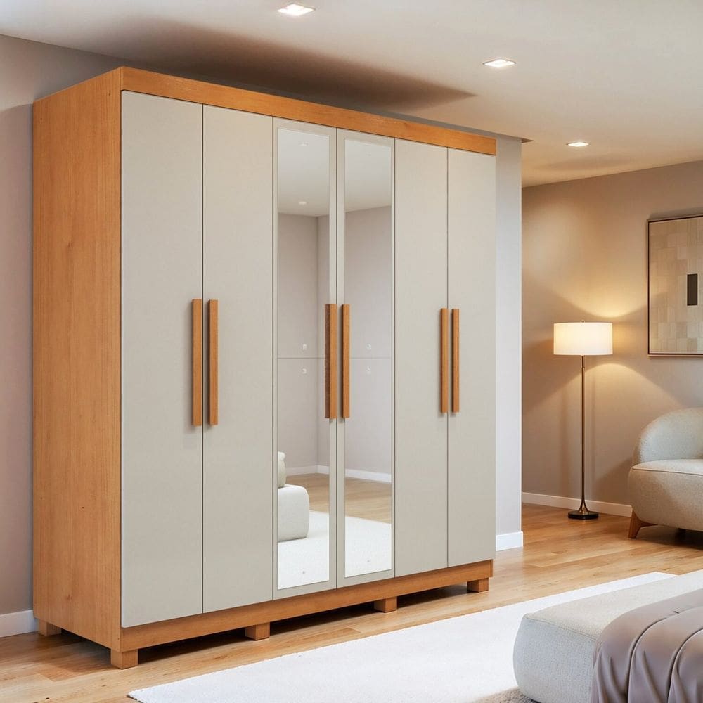 Guarda Roupa Casal 6 Portas 2 Gavetas com Espelho e Pés Andara Soft Amêndoa Clean/Off White