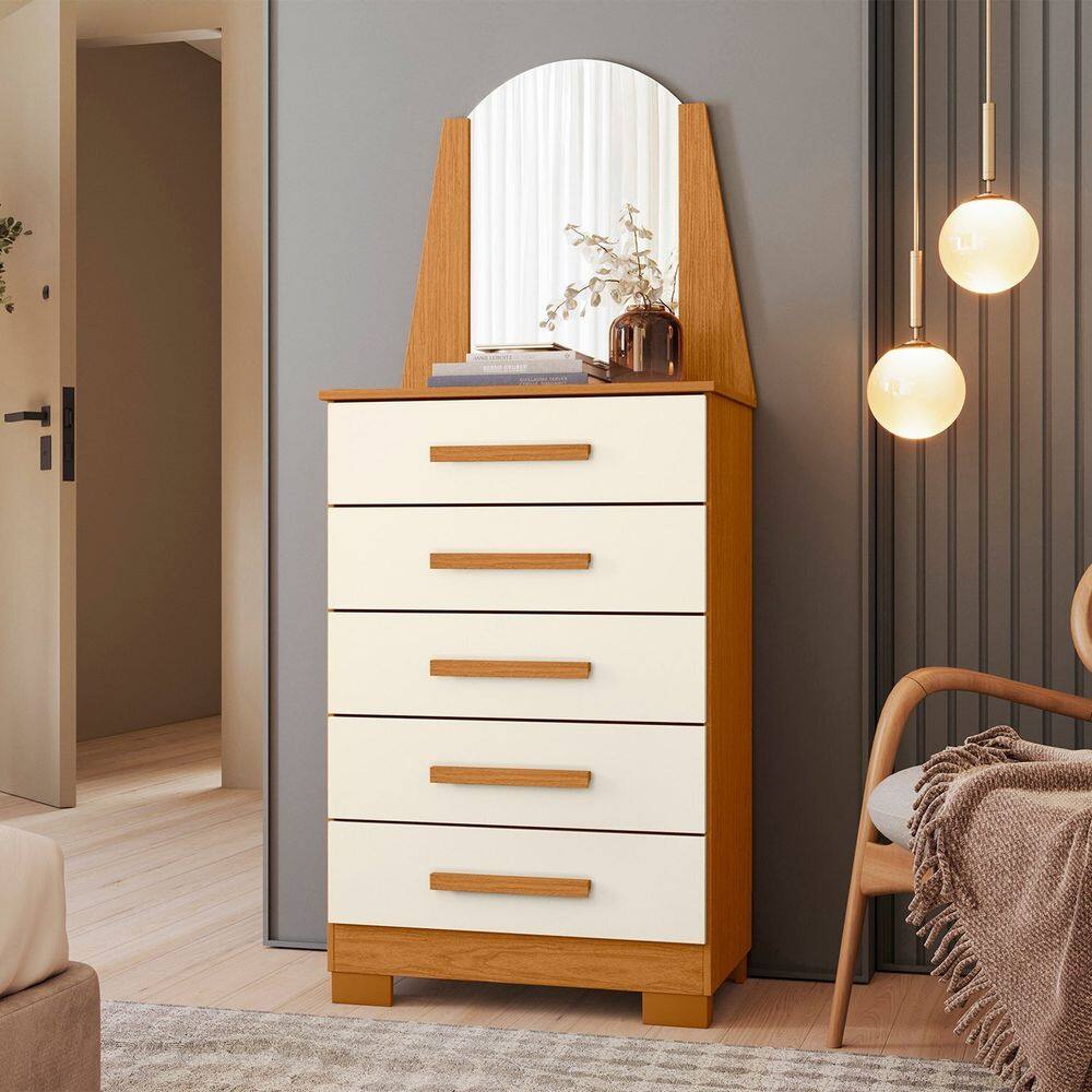 Cômoda com 05 Gavetas e Espelho New Veneza Cinamomo / Off White