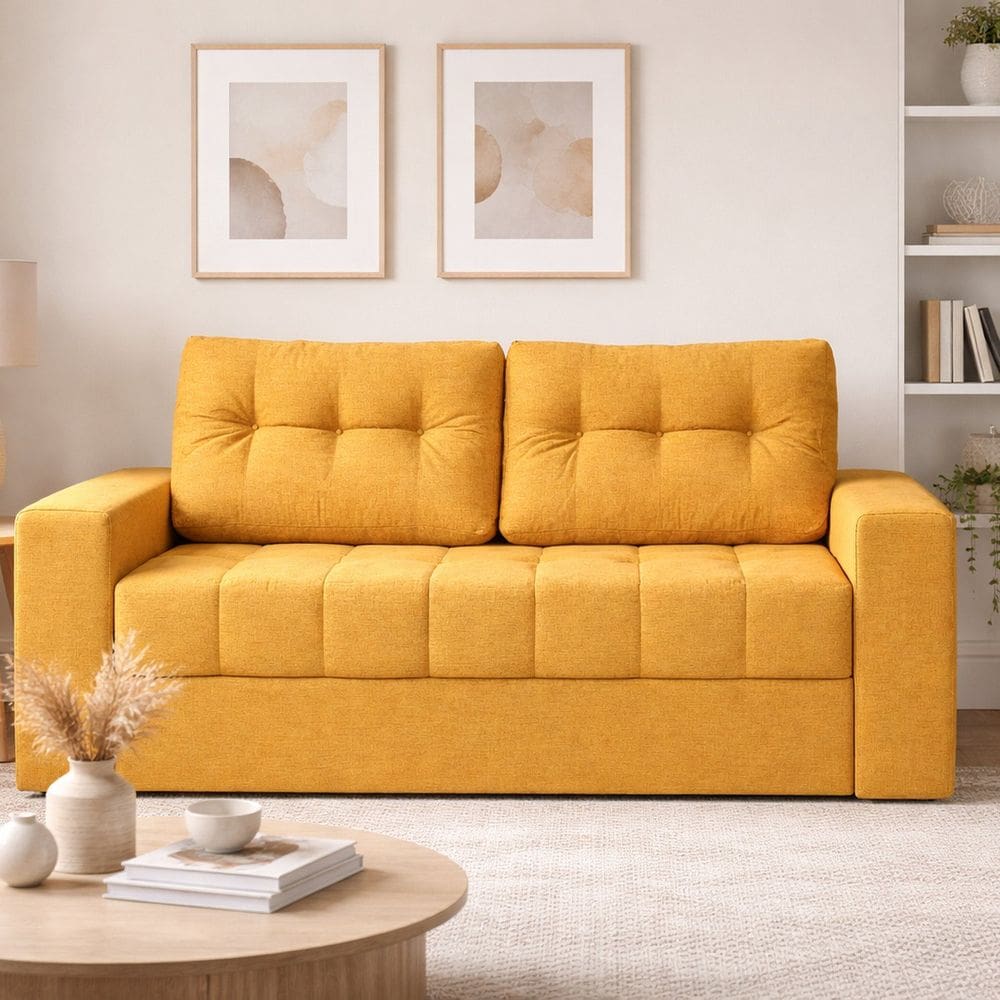 Sofá Cama de Casal em Tecido Linho 182cm Murilo com Espuma D28 Linho Amarelo