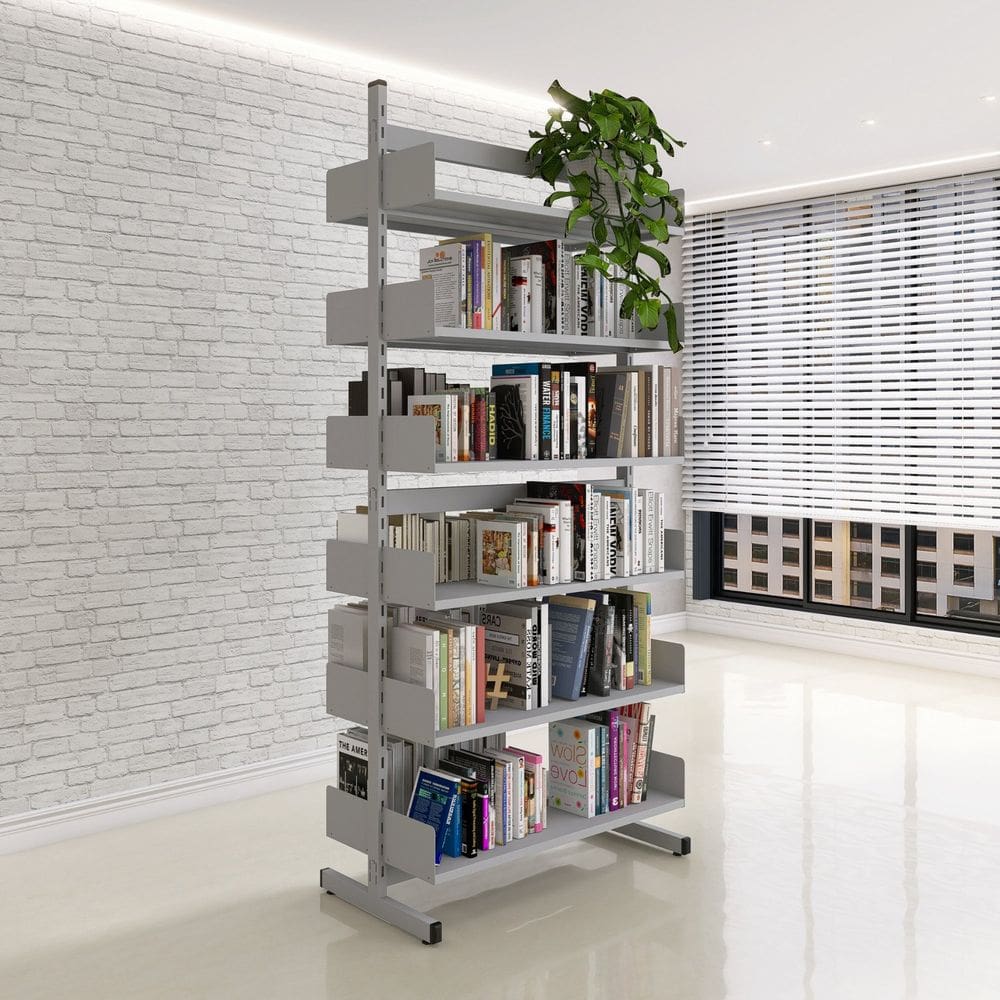 Estante Biblioteca Dupla 12 Pratelheiras Aço Cinza