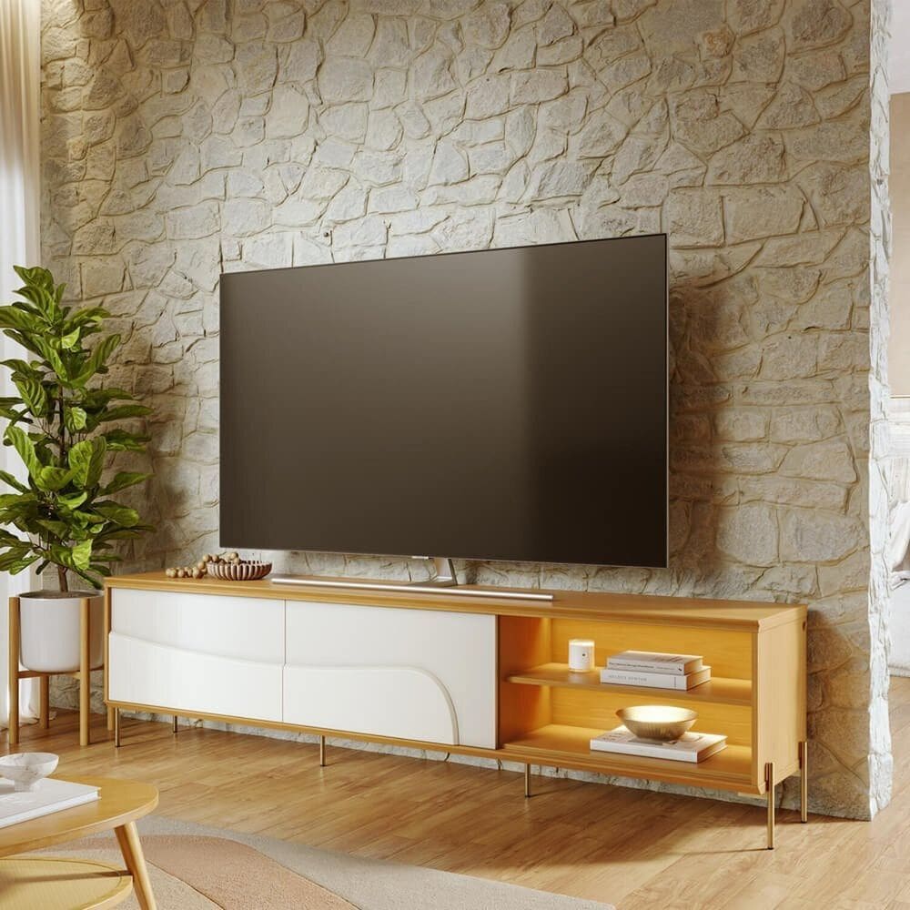 Rack para Tv até 75 Polegadas 216 Cm com Led 2 Portas de Correr Pés em Metal Amalfi Naturale/Off White