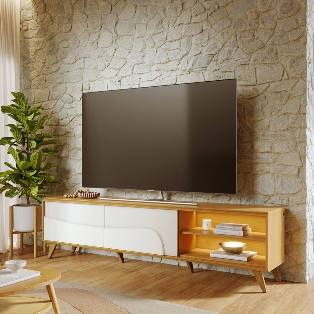 Rack para Tv até 75 Polegadas 216cm com 2 Portas de Correr Pés em Madeira Maciça e Led Amalfi Naturale/Off White