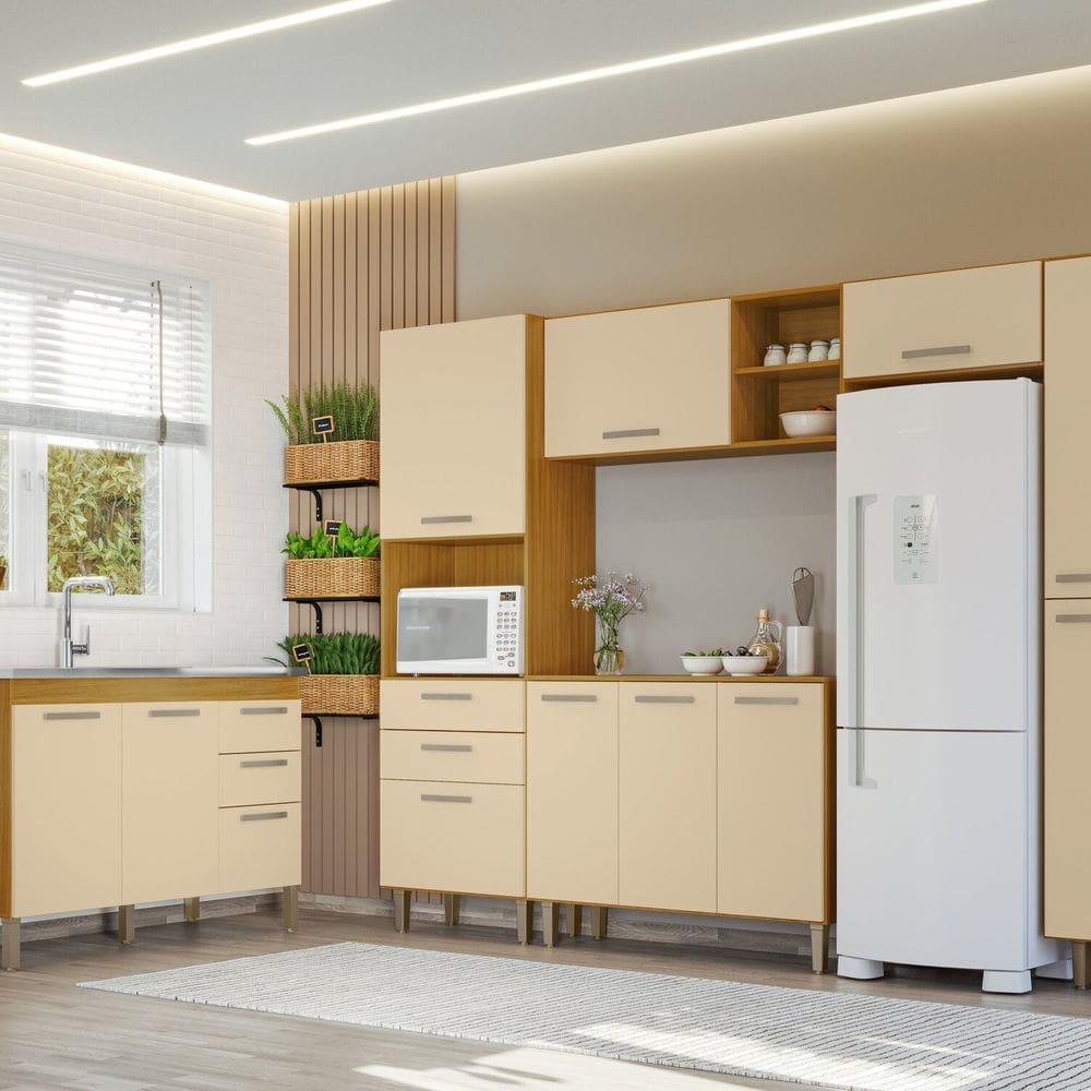 Conjunto Cozinha Modulada 5 Peças com Balcão para Pia 118cm Iris Carvalho Americano/Off White