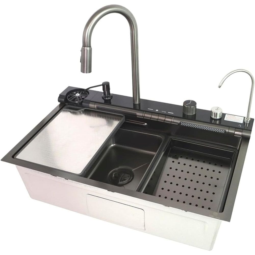 Kit Cuba Inteligente com Cesto Torneira Filtro Dispenser de Sabão Lavador de Copos e Tábua Preto