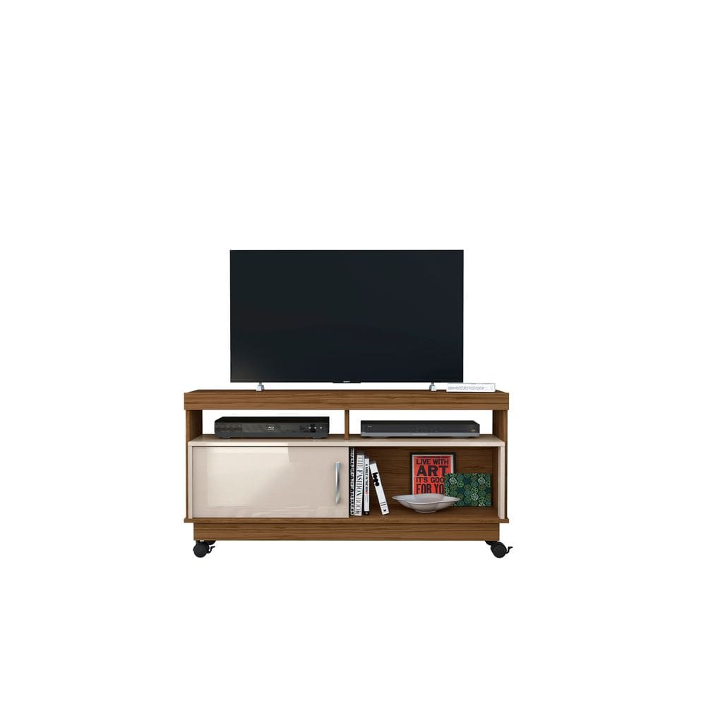 Rack Artur para TV 1,21m com Rodízios e Nichos Organizadores Naturale Off White Liberty Móveis