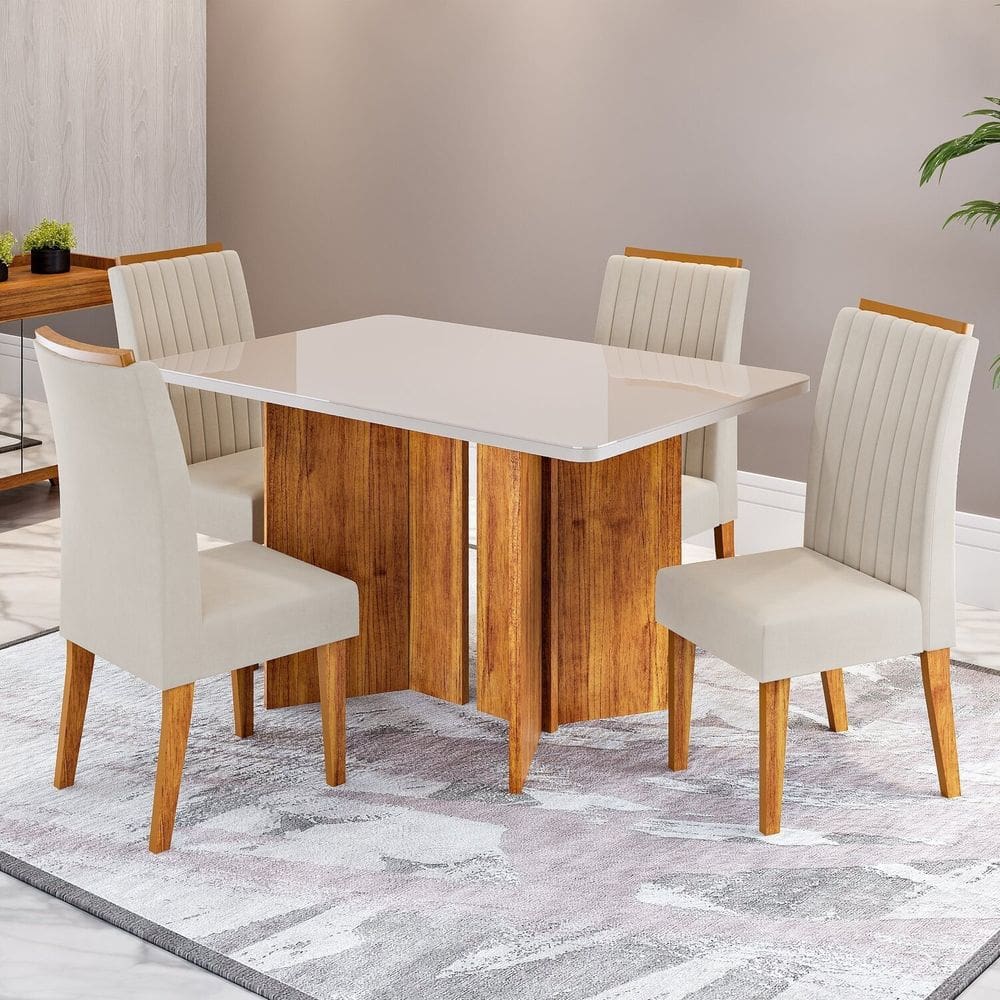 Conjunto Sala de Jantar 4 Lugares Retangular Tampo de Vidro e Mdf Zambrone Mel/Off White/Bege