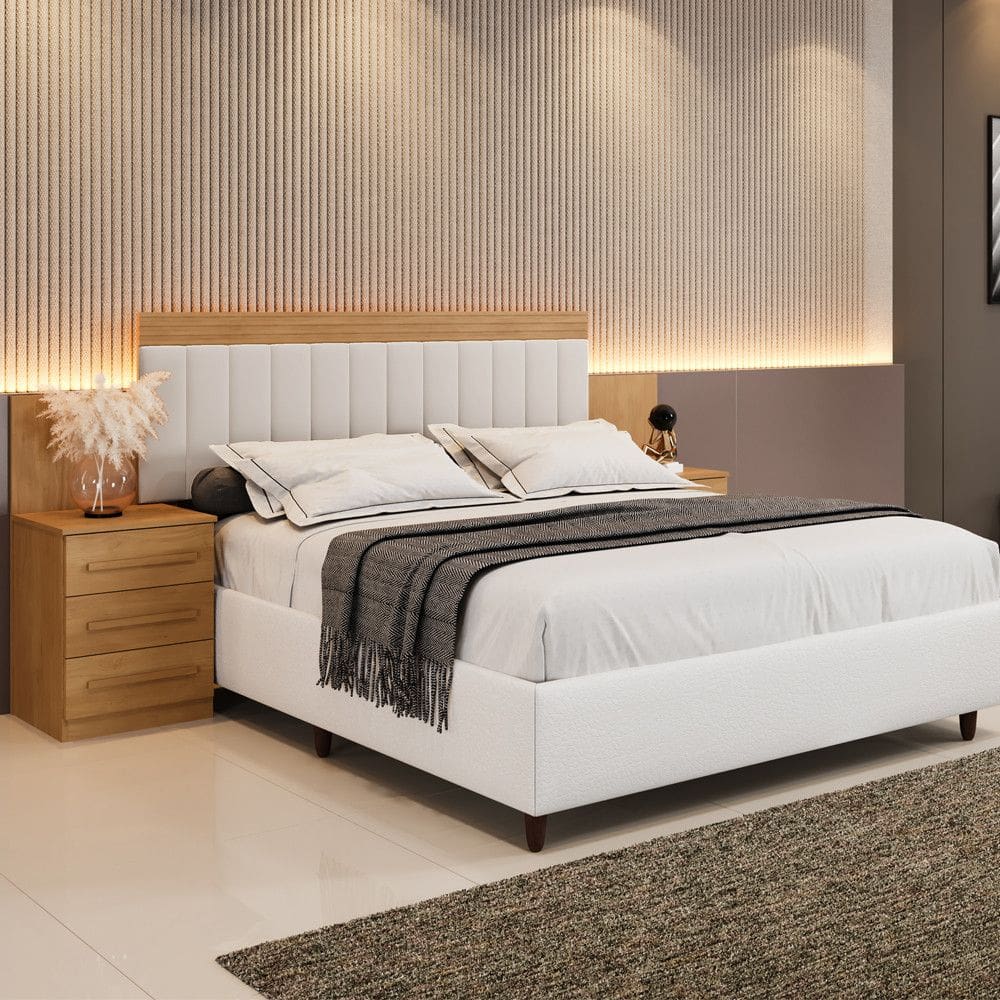 Cabeceira Estofada Extensivel com 2 Mesas de Cabeceira Linho Imperio Benetil