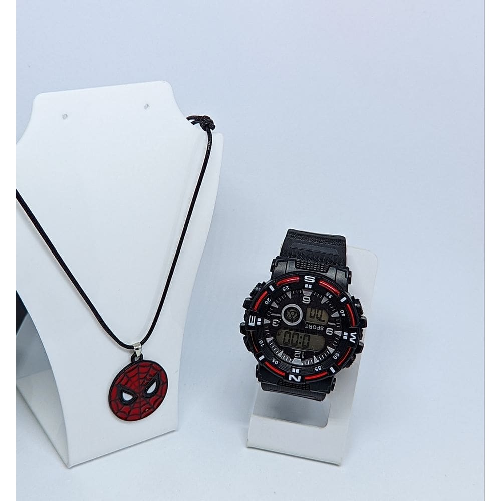 Kit Relógio Infantil Masculino Digital Esportivo Militar LED Alarme Cronômetro + Colar cordão Homem aranha ajustável