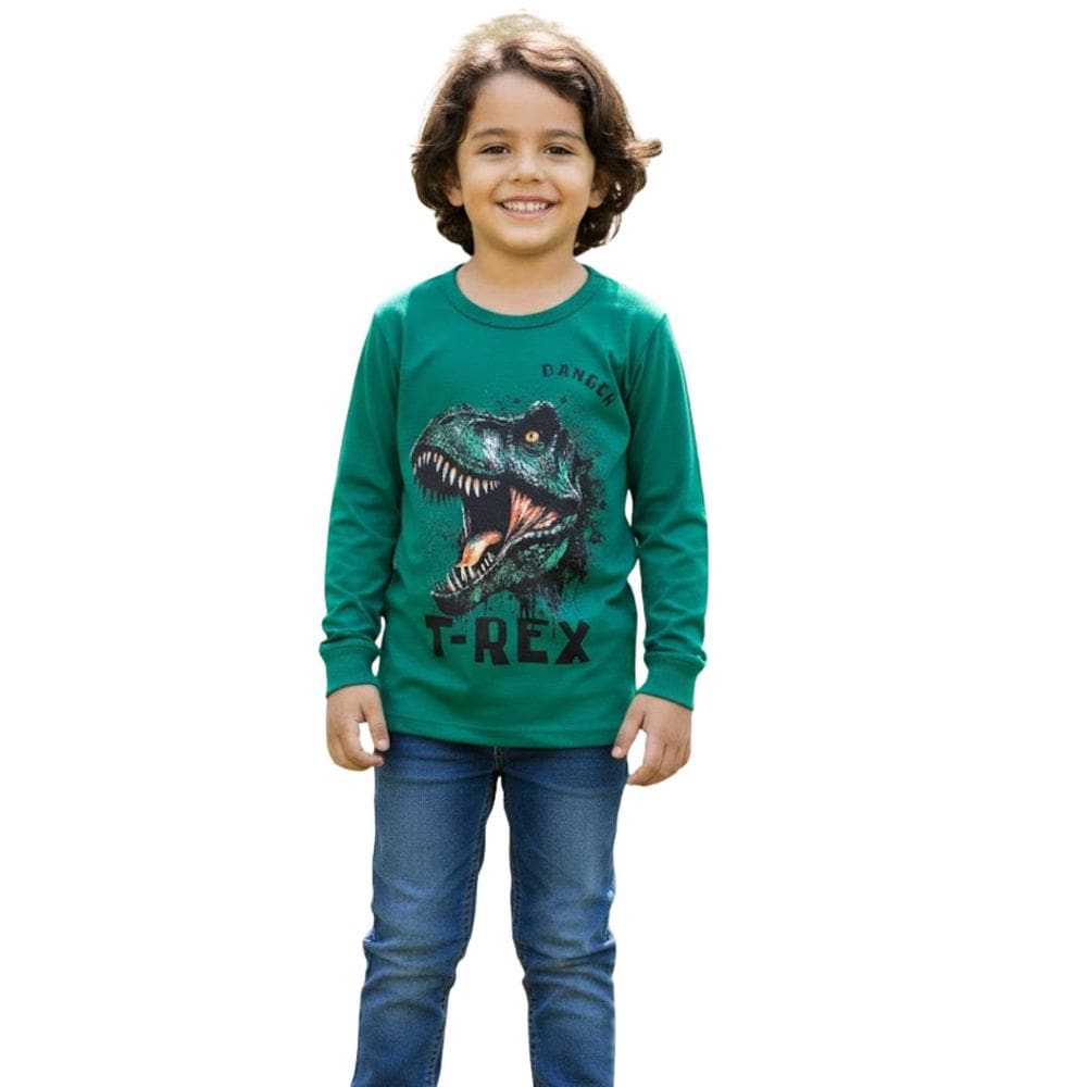 Camiseta Infantil Manga Longa Estampa T-Rex Meninos Luxo