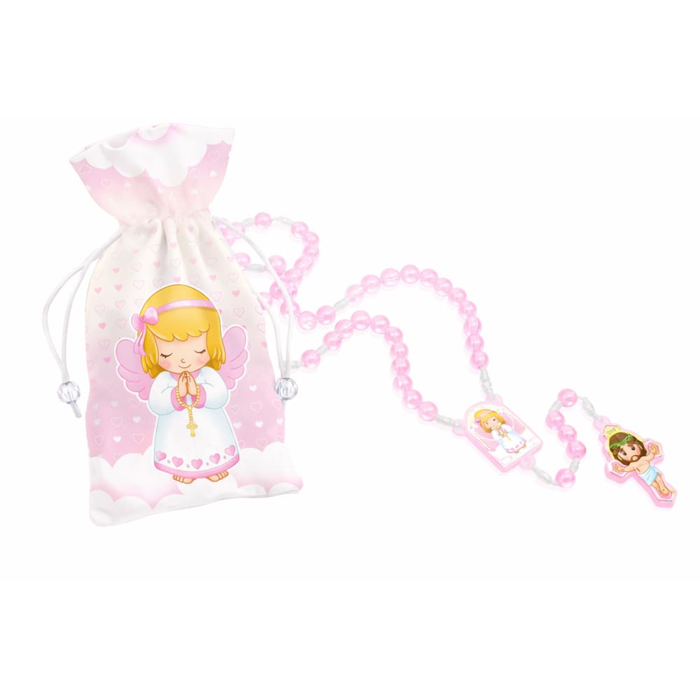 Terço Infantil Anjo da Guarda com Saquinho Rosa