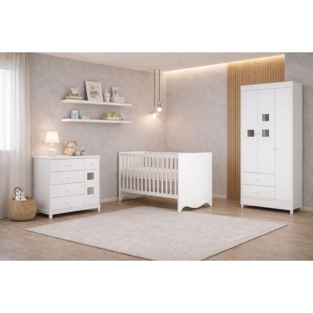 Quarto Infantil com Berço Roupeiro e Cômoda Lunni- MobiBaby