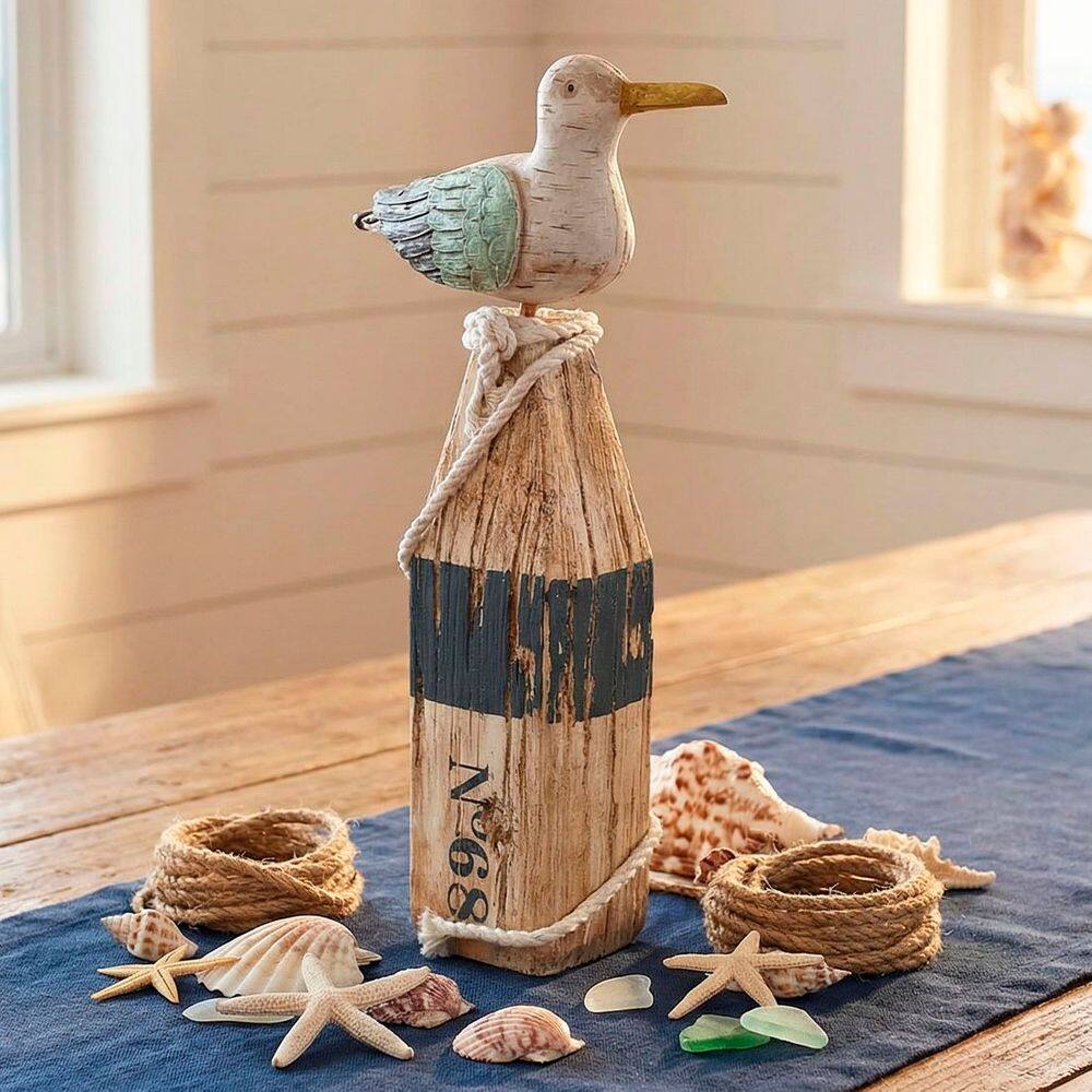 Estatueta Gaivota Tronco Enfeite Náutica Casa Praia Madeira