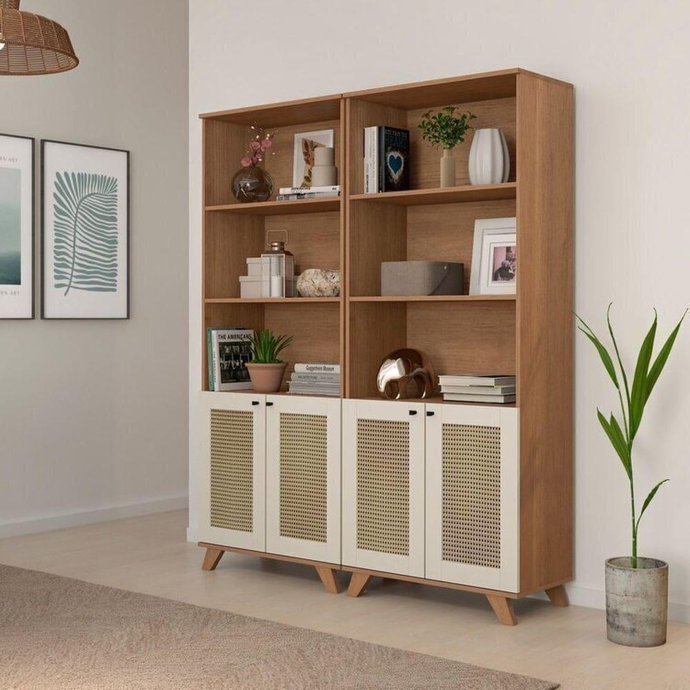 Conjunto de 2 Estantes 4 Portas com Resistentes Dobradiça de Metal Trama Cinamomo/Off White