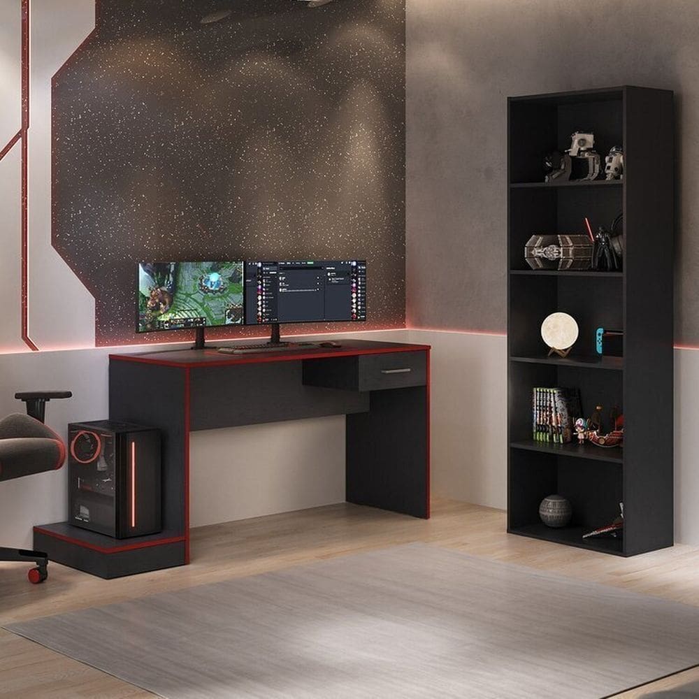 Conjunto com 2 Peças 1 Mesa Gamer com Led 1 Estante 5 Prateleiras Multy Preto